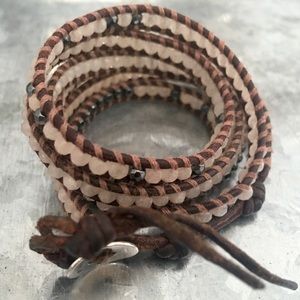 CHAN LUU Pyrite Rose Quartz Leather Wrap Bracelet